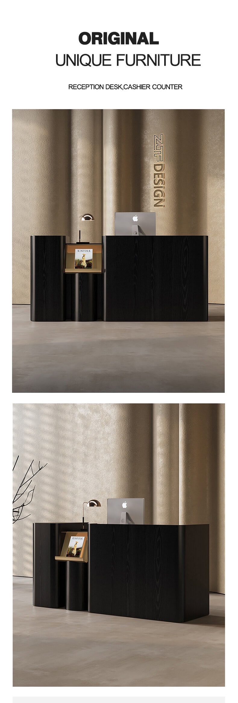 Black Reception Desk with Built-In Display Shelf