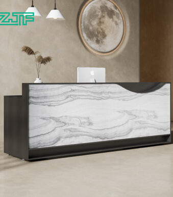 Small Reception Desk with White Marble Finish and Privacy Guard