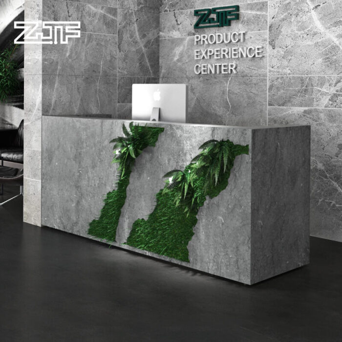 Modern Gray Marble Reception Desk with Greenery