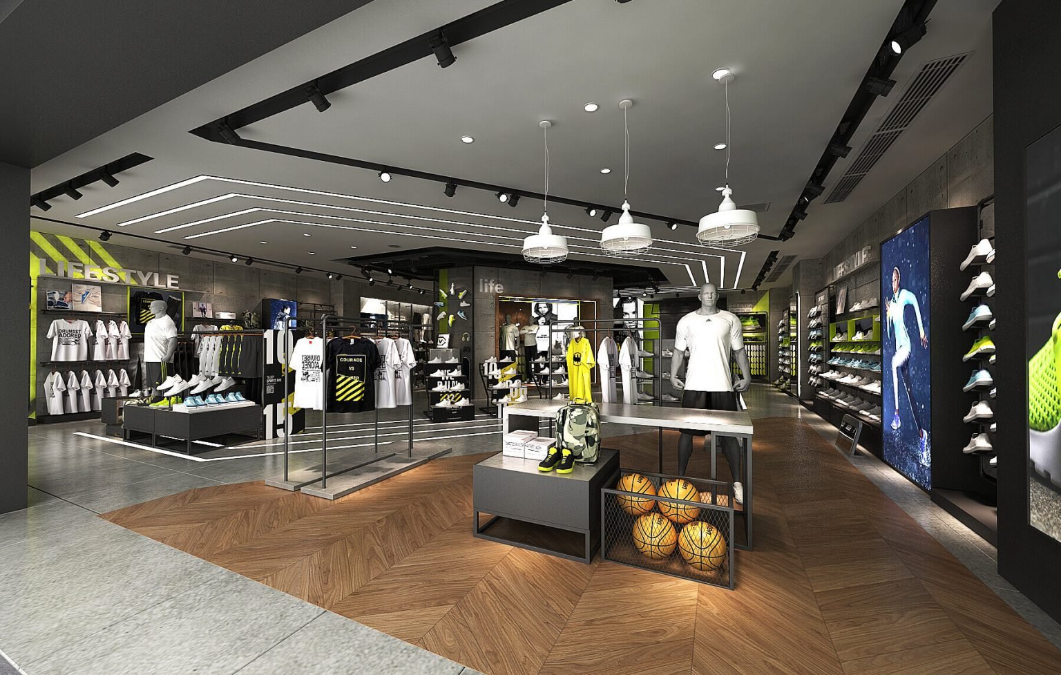 Sports Clothing Store Design: Modern Reception Desk,Clothes Rack,Shoes ...