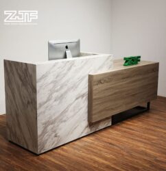 Dark marble I shaped desk ADA compliant