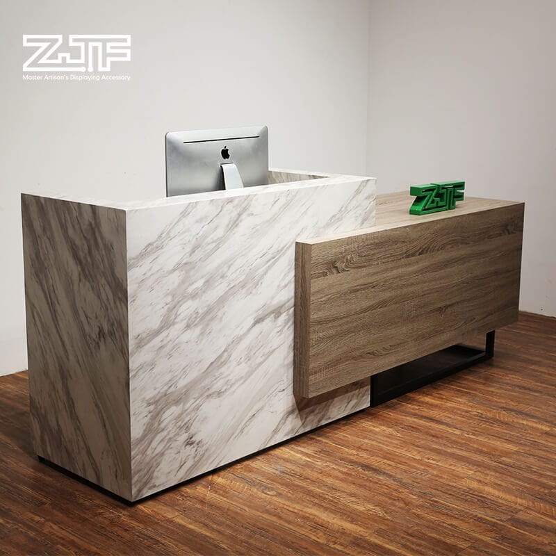 Dark marble I shaped desk ADA compliant