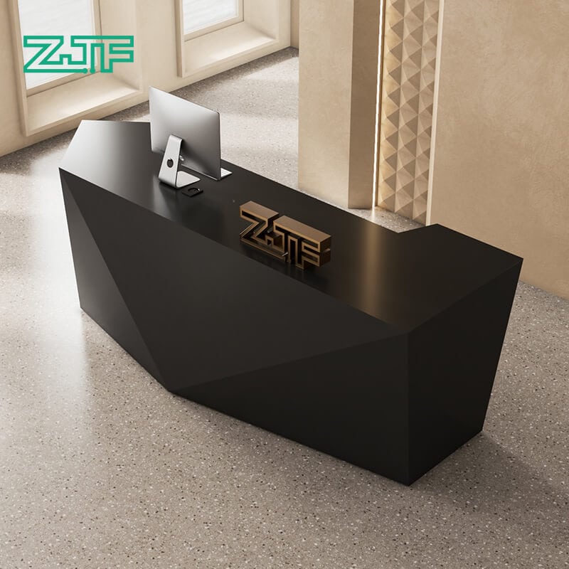 Black diamond shaped reception desk custom wood