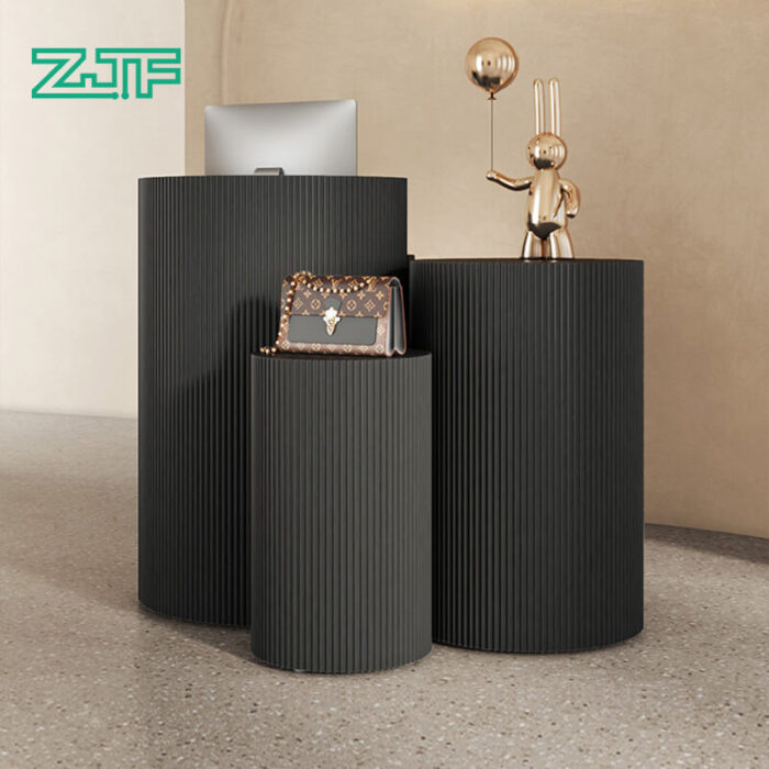 Black Reception Desk with Curved Design and Privacy Screen