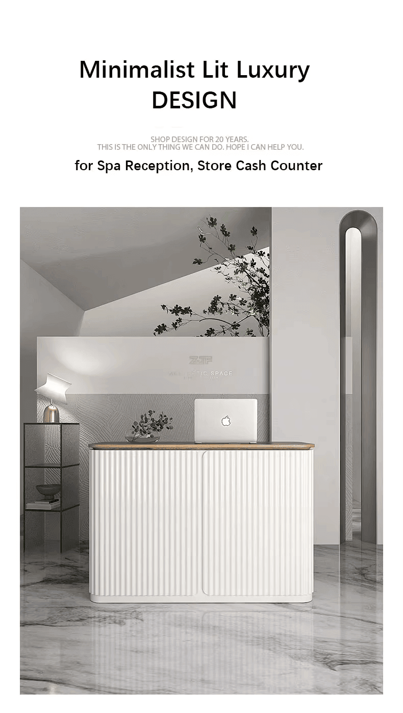 Compact White Reception Desk with Wood and Wave Panel