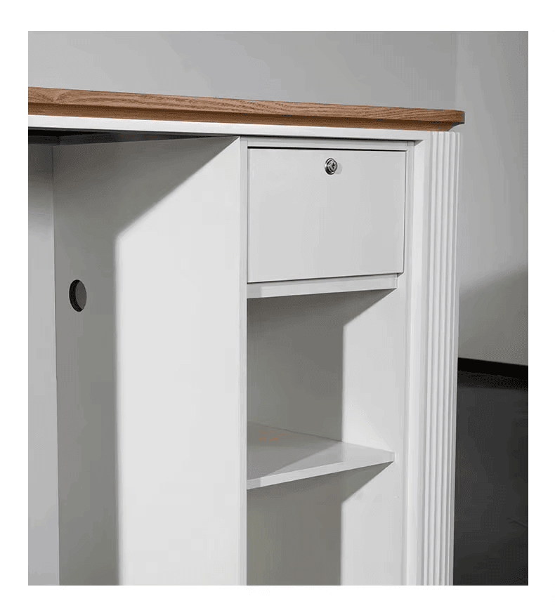 White Reception Desk with Wood Grain and Wavy Design