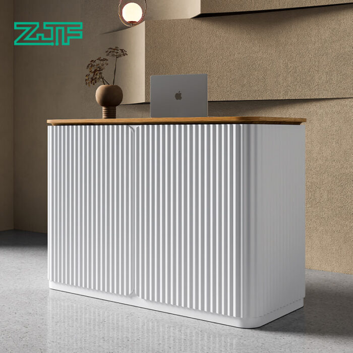 White Wavy Panel Reception Desk with Wooden Surface