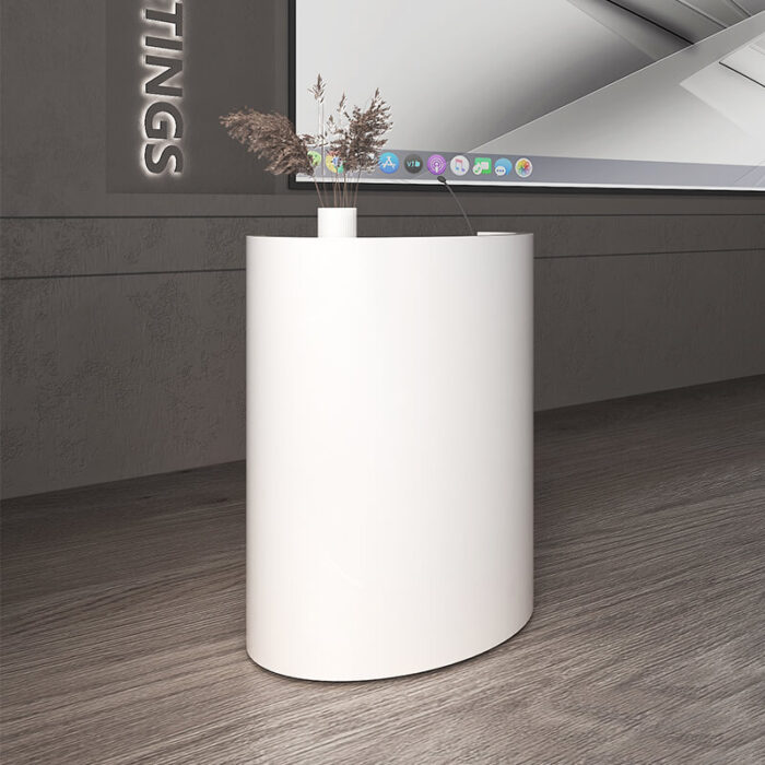 Small white reception desk curved design with wheels