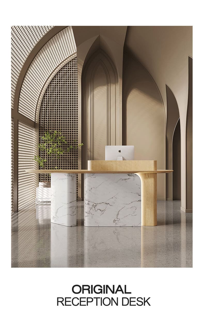 Modern reception counter with Carrara marble and gold lighting