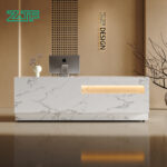 White marble I shaped reception desk with lighting