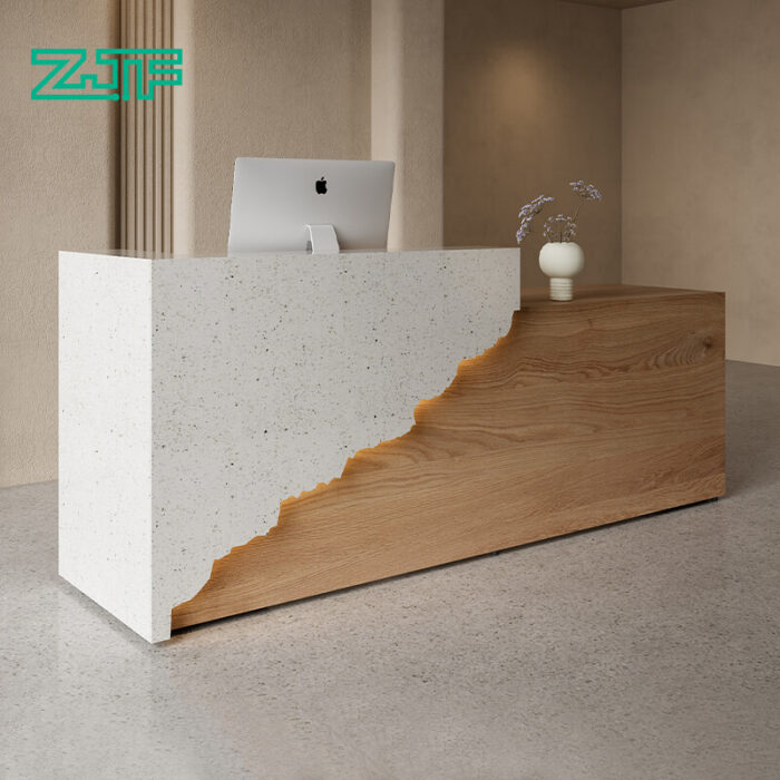 I shaped white marble desk with light wood