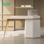 Minimalist white front desk with gold trim for single-person