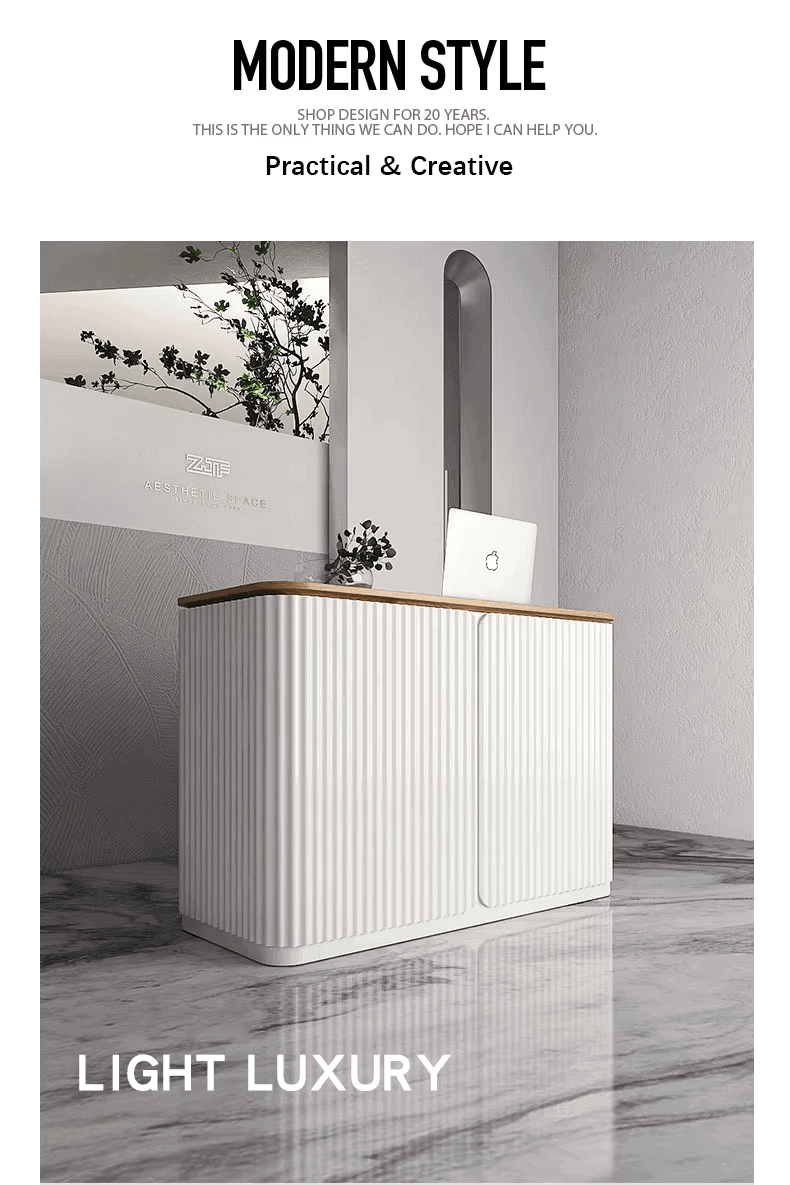 White Wavy Reception Desk with Wood Grain Surface