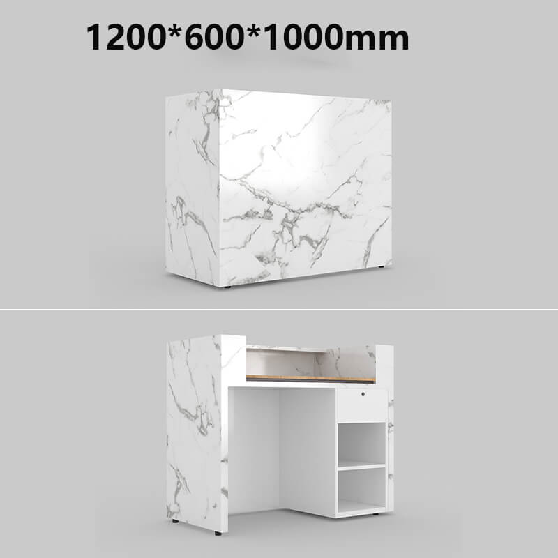 Custom white marble desk with privacy shield design