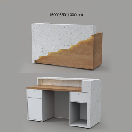 White marble reception desk light wood custom design