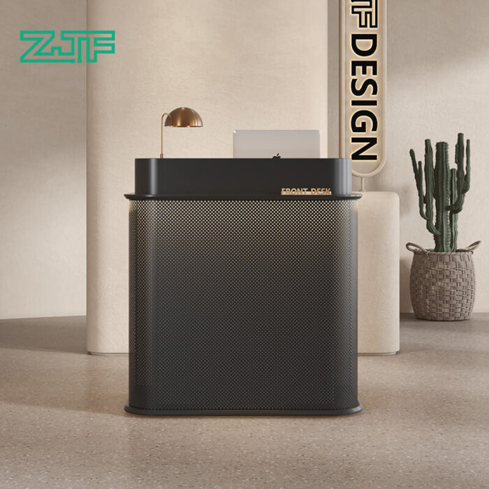 Modern Black Reception Desk with Metal Mesh Front