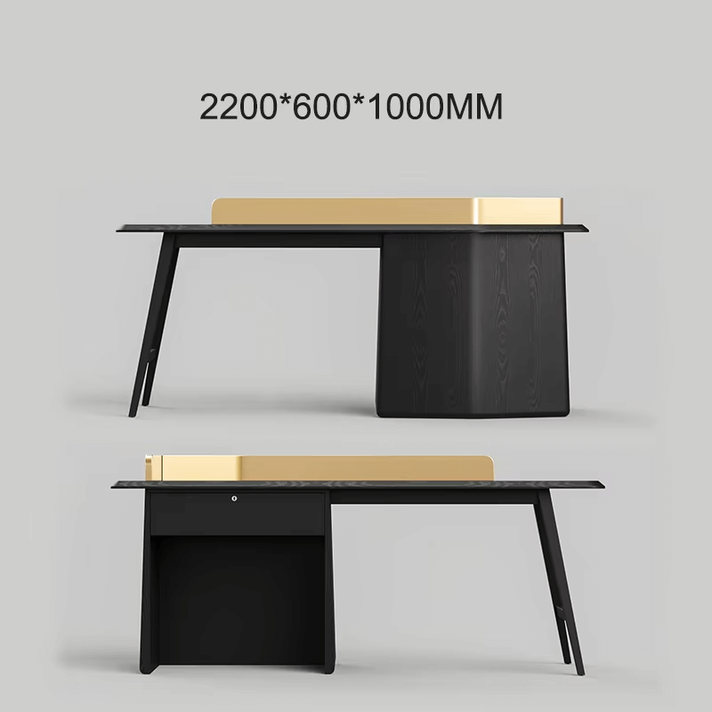 Black wood grain reception desk with gold trim