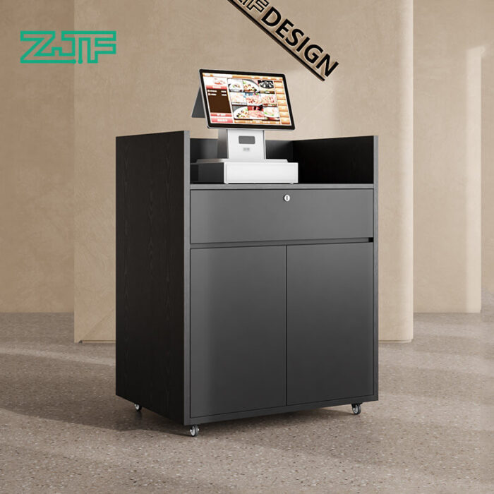 Pure black small reception desk with wheels