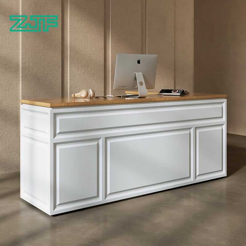 Light wood grain reception desk L shaped salons