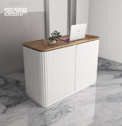 White Reception Counter with Wooden Top and Wavy Exterior