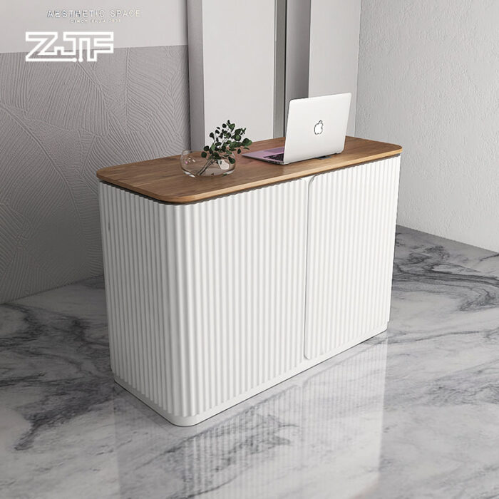 White Reception Counter with Wooden Top and Wavy Exterior