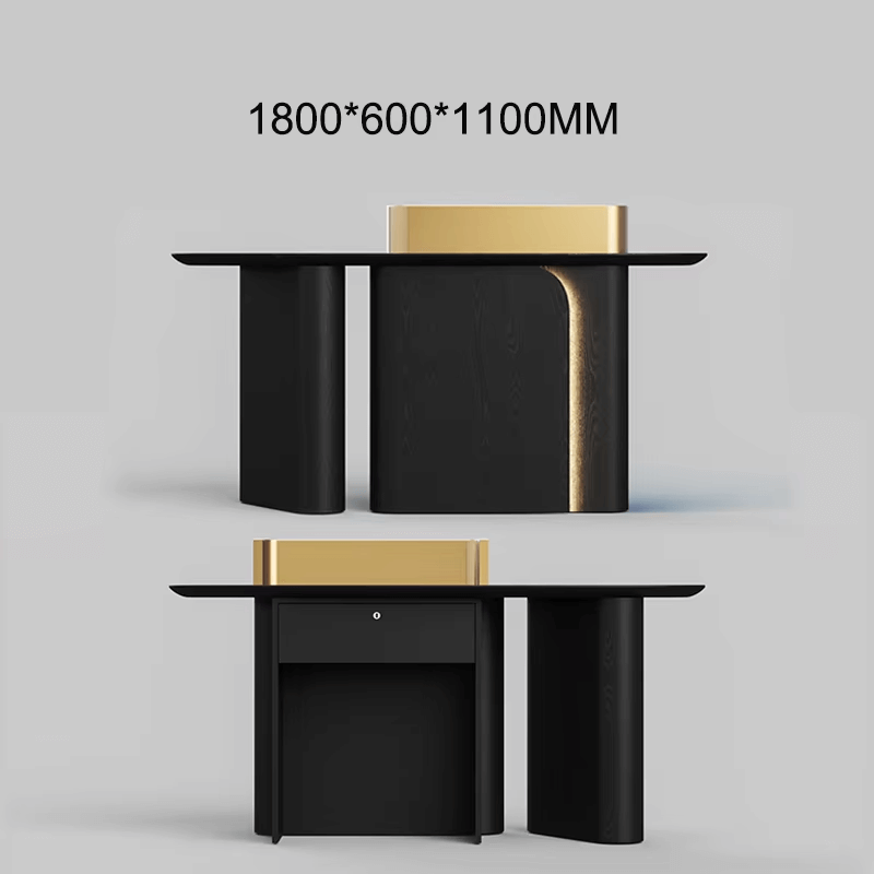 Minimalist front desk in black wood with gold U-shape