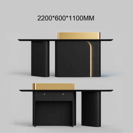 Compact reception counter with black wood and gold trim