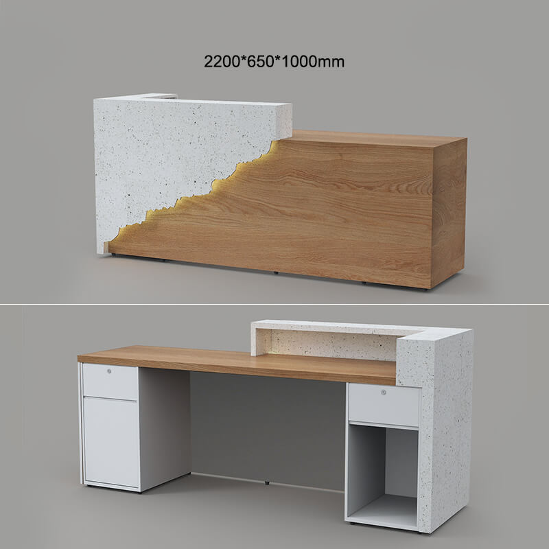 White marble desk with light wood for beauty salons