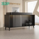 Metal-framed front desk with LED and product showcase