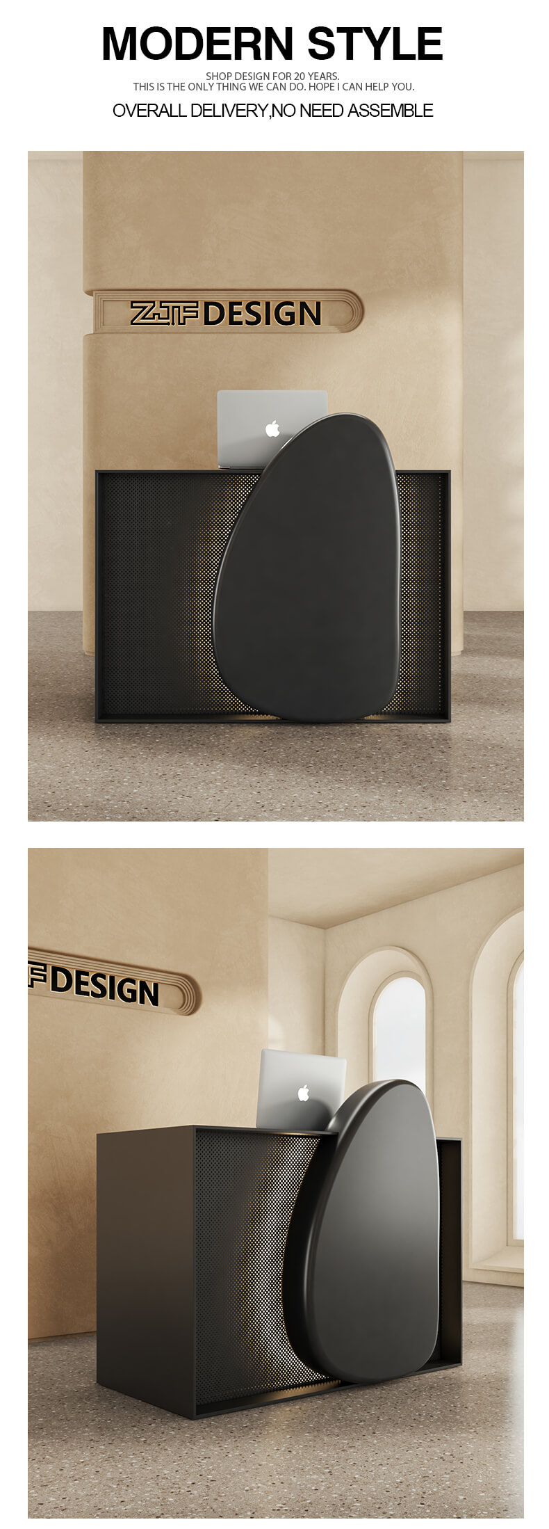 Small Black Reception Desk with Pebble Shaped Front and Lights