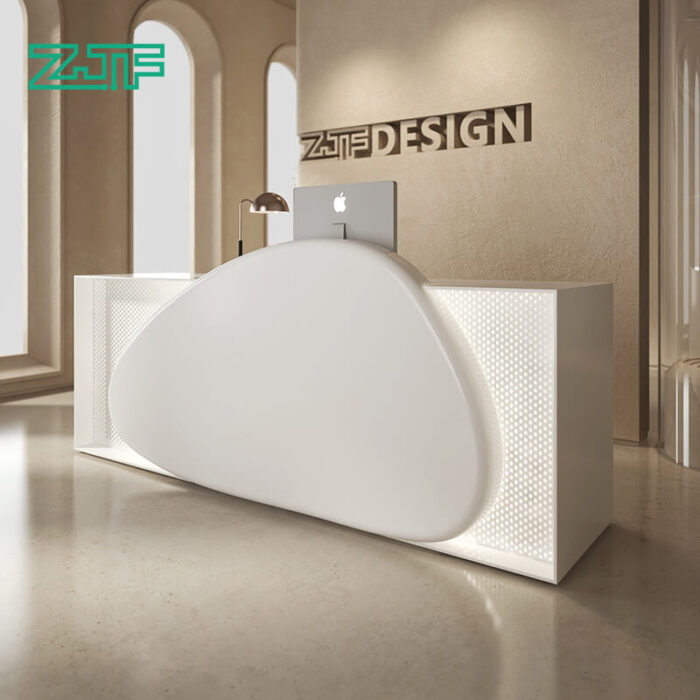 LED-Lit White Reception Desk with Cobble and Mesh Design