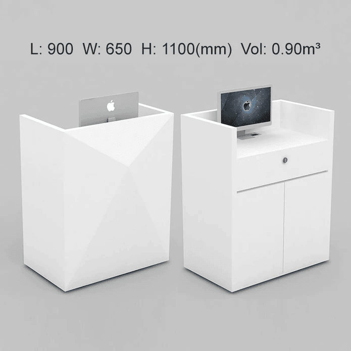 Portable white reception desk with diamond shape option