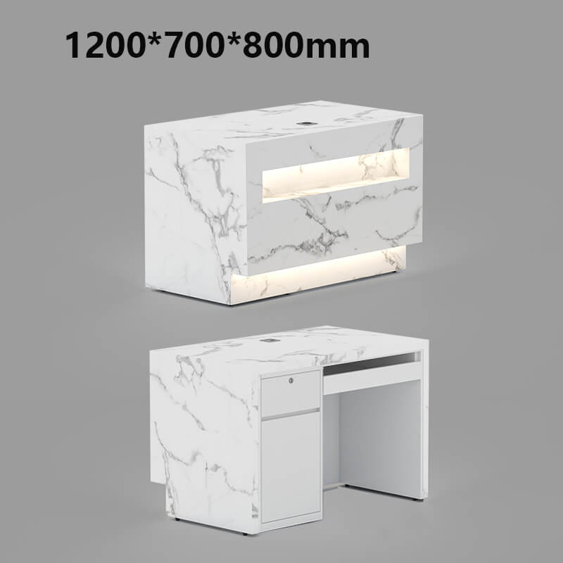 White marble reception desk with integrated lighting