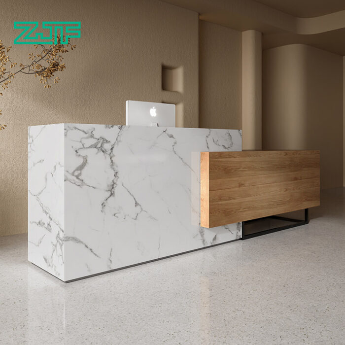 Custom reception desk white marble light wood ADA