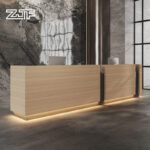 Large Reception Desk with Wood Grain and LED Lights